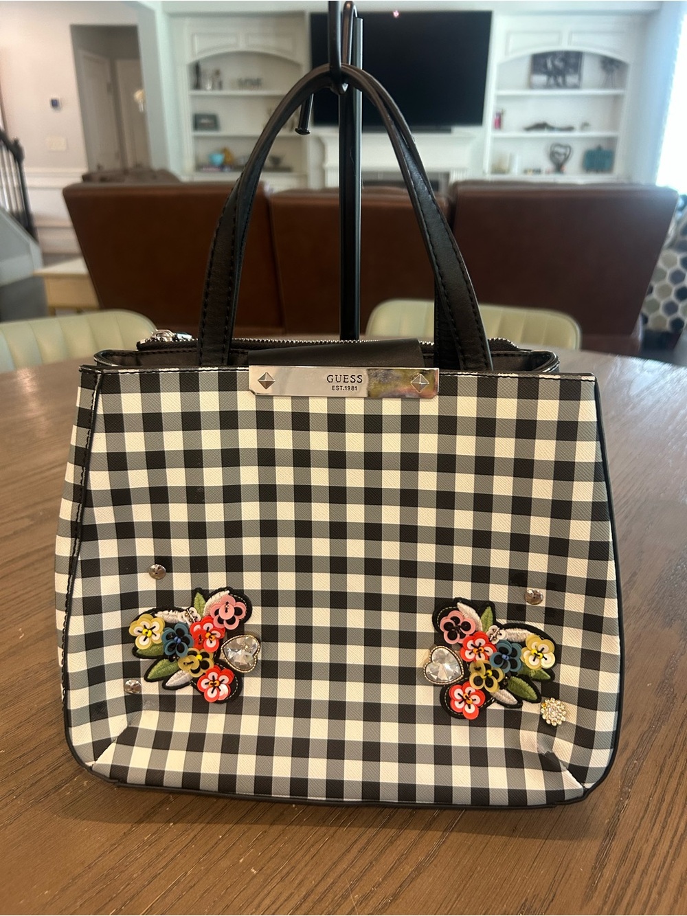 GUESS Black & White Gingham Satchel with Multicolor Floral Appliqué